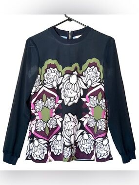 Ted Baker Naylia Blouse Black Multicolor Floral Sheer Sleeve Women’s 1 (2-4 US)